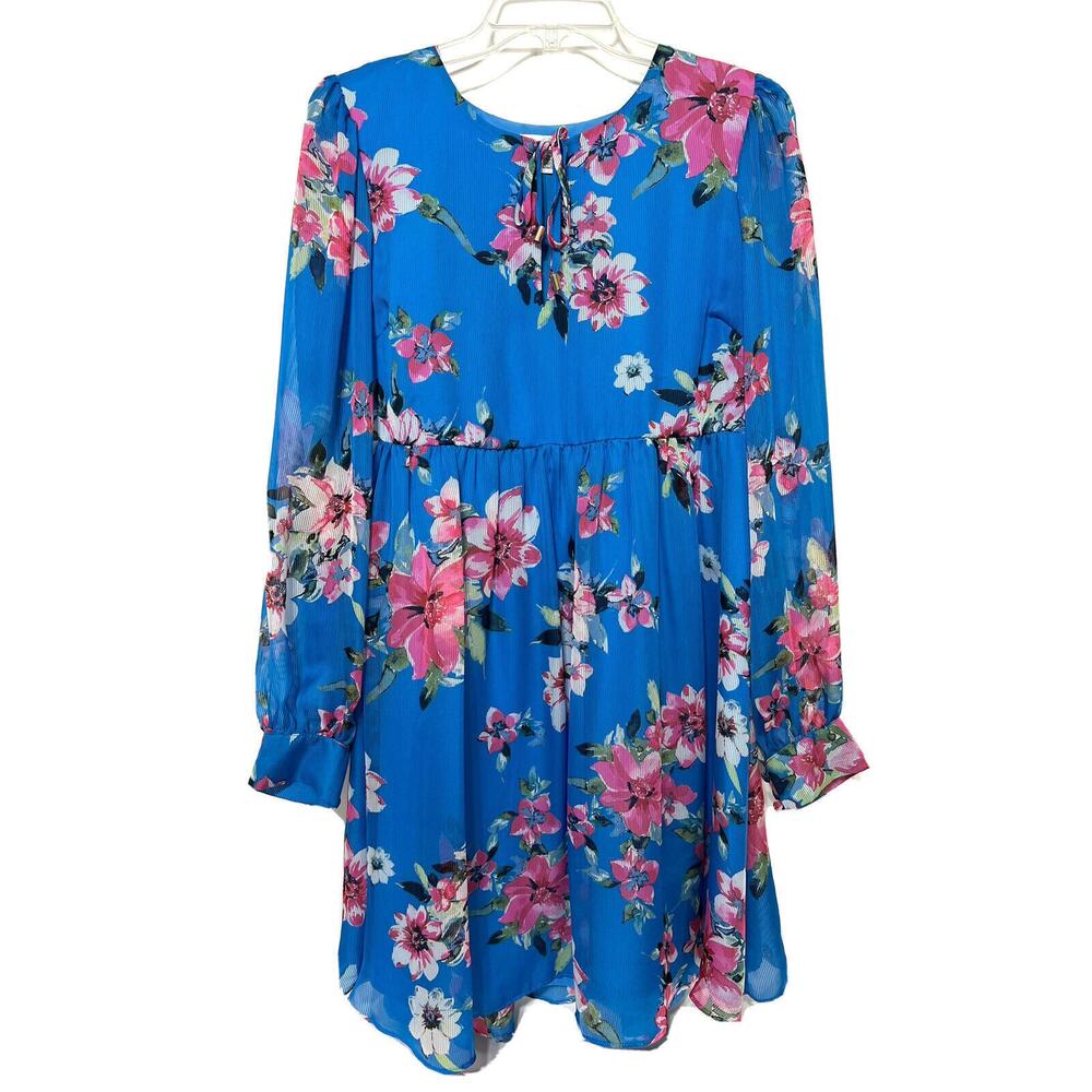 Kensie Size 10 Blue Floral Midi Dress Women’s Long Sleeve Lined Drawstring NWT